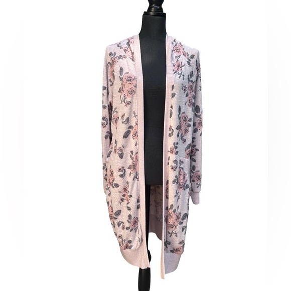 Altar'd State Sweaters - Altar’d State Womans Hooded Long Sleeve Pink Floral Open Sweater Size Large